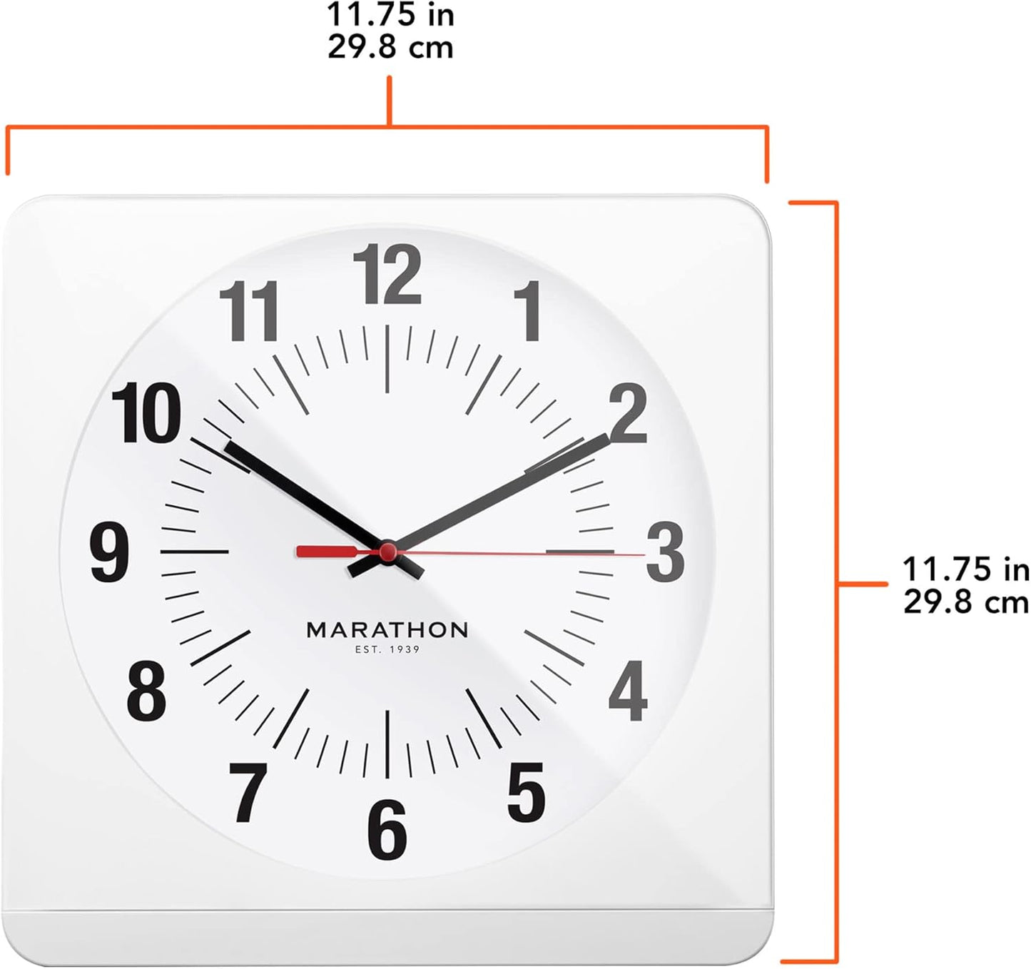 Marathon Klassische, geräuschlose, Nicht tickende Wanduhr, 30,5 cm, quadratische Wanduhr, leicht zu lesen, warmes Bernstein, automatische Hintergrundbeleuchtung, Elegante Kaminuhr