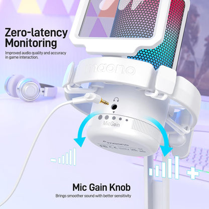 MAONO USB Gaming Mikrofon, Noise Cancellation Kondensator Microphone mit Mute Weiß
