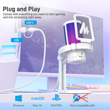 MAONO USB Gaming Mikrofon, Noise Cancellation Kondensator Microphone mit Mute Weiß