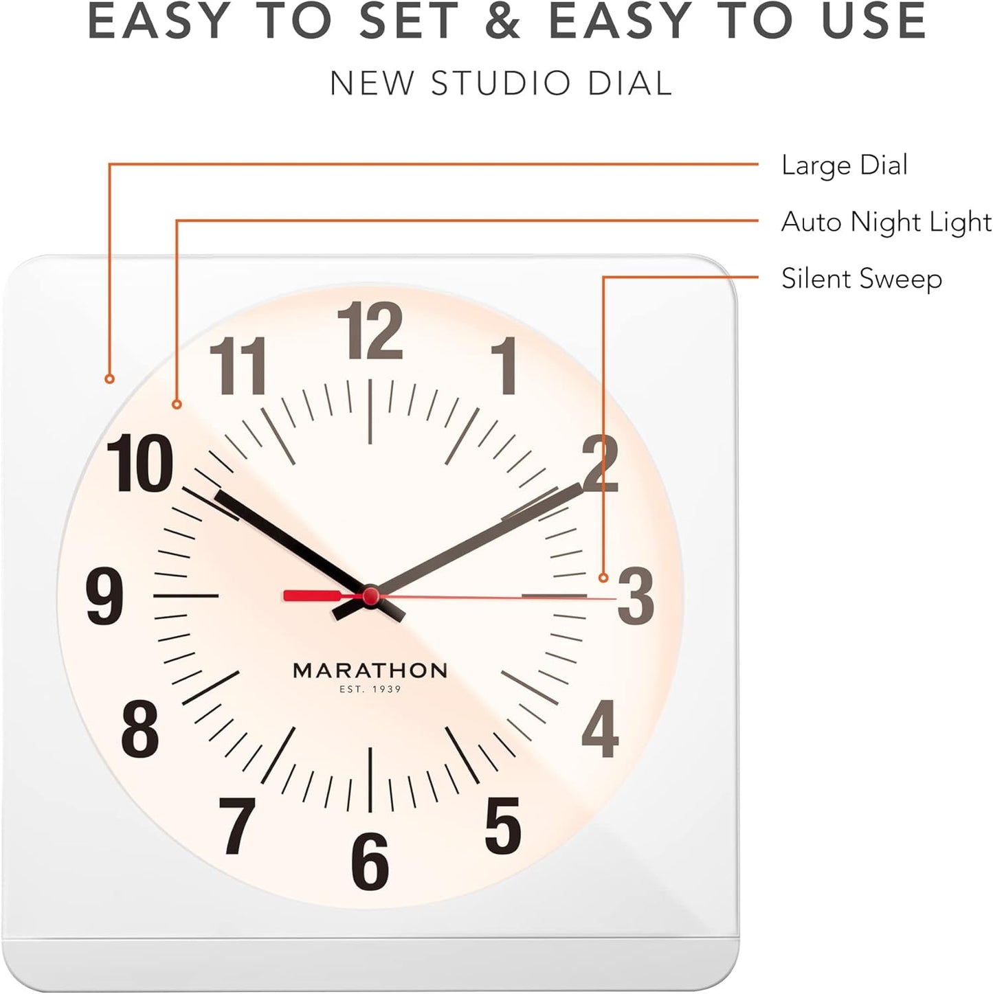 Marathon Klassische, geräuschlose, Nicht tickende Wanduhr, 30,5 cm, quadratische Wanduhr, leicht zu lesen, warmes Bernstein, automatische Hintergrundbeleuchtung, Elegante Kaminuhr