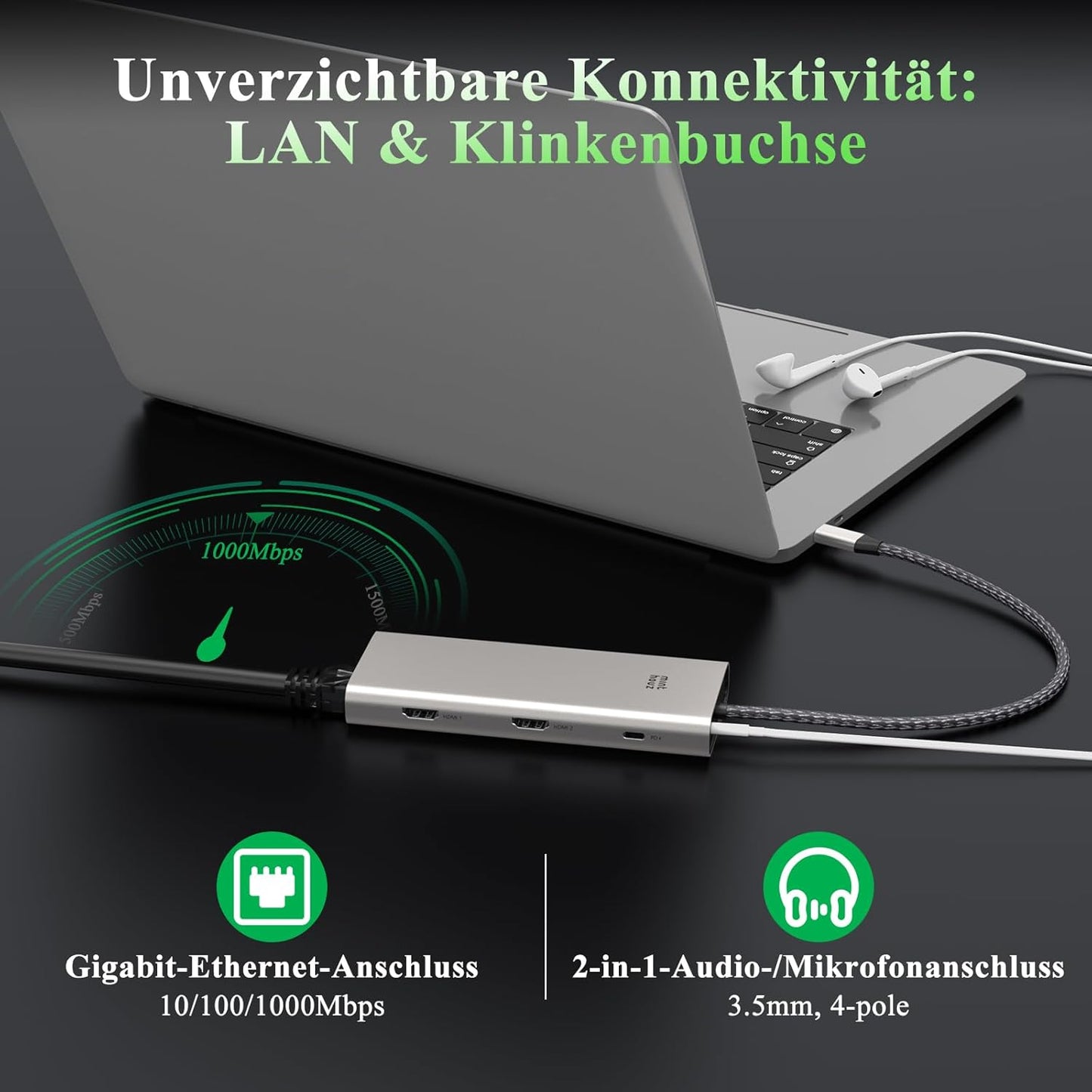 Minthouz USB C Docking Station Triple Monitor 12 in 1 für Laptop (Dual HDMI+DP)