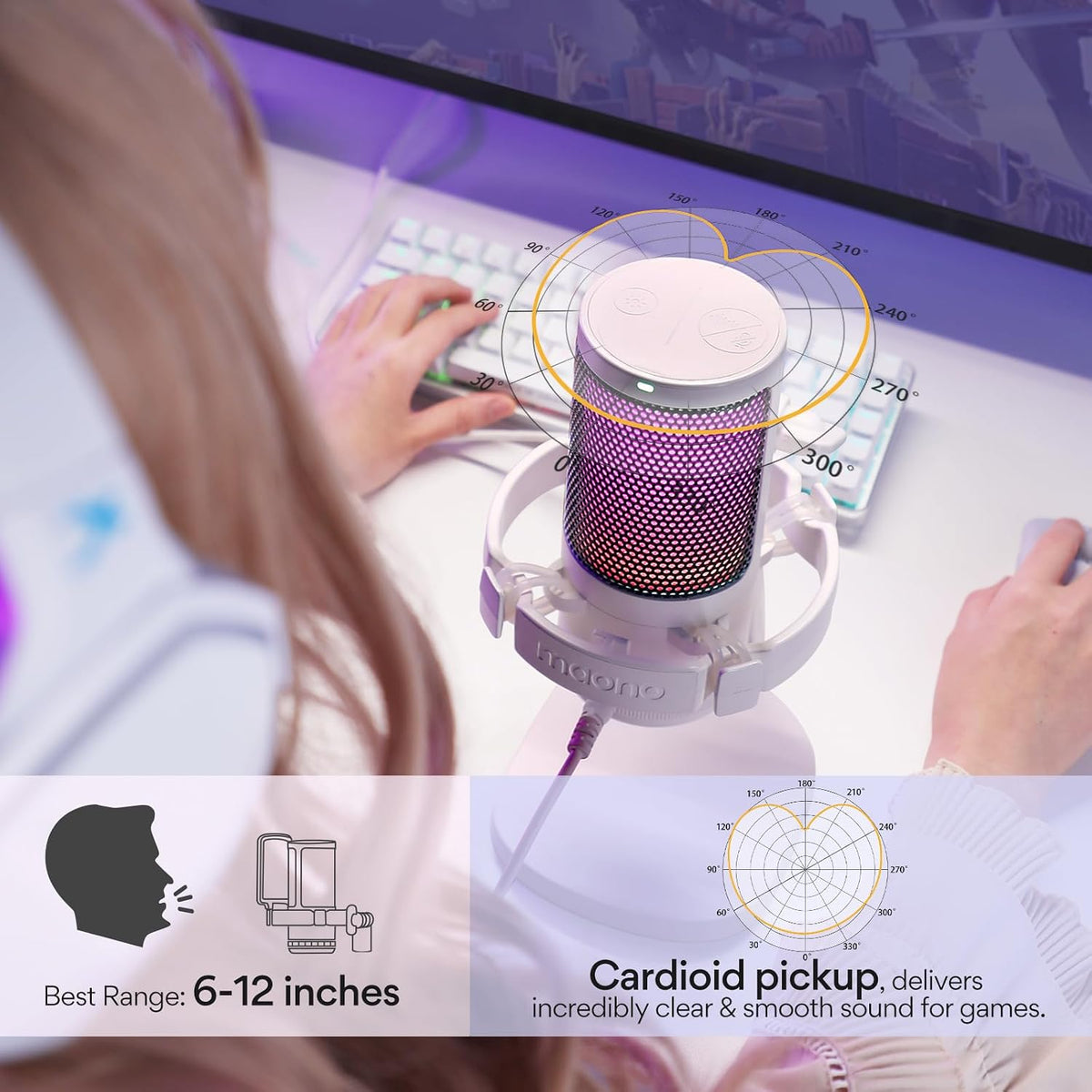 MAONO USB Gaming Mikrofon, Noise Cancellation Kondensator Microphone mit Mute Weiß