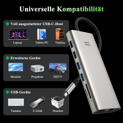 Minthouz USB C Docking Station Triple Monitor 12 in 1 für Laptop (Dual HDMI+DP)