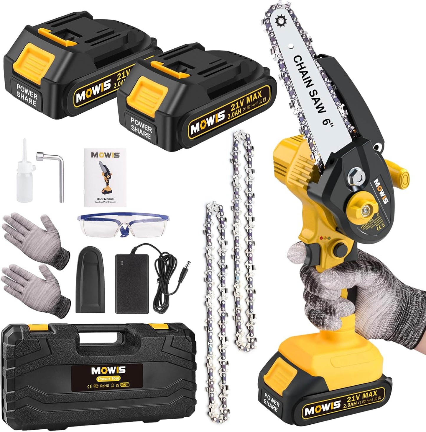 MOWIS Mini chargeurs avec batterie, câbles de 6 pouces, chargeurs manuels avec 2,0 Ah, 2 batteries pour le bricolage des outils de bricolage, des chargeurs et des sacs de transport