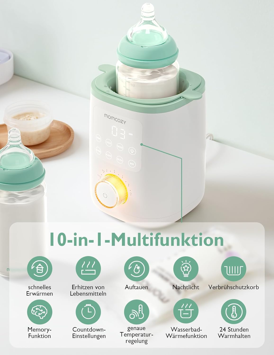 Momcozy Nutri-Flaschenwärmer, 9-in-1-Babyflaschenwärmer mit Nachtlicht,
