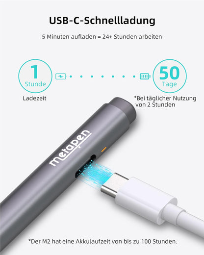Metapen Stift M2 für Surface, 4096 Druckstufe, Tail-Radierer, Neigungserkennung, USB-C-Aufladung