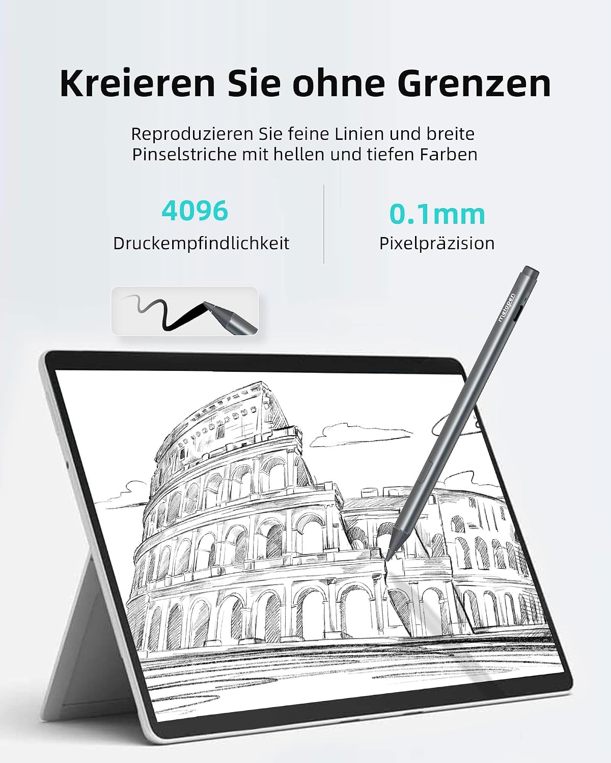 Metapen Stift M2 für Surface, 4096 Druckstufe, Tail-Radierer, Neigungserkennung, USB-C-Aufladung