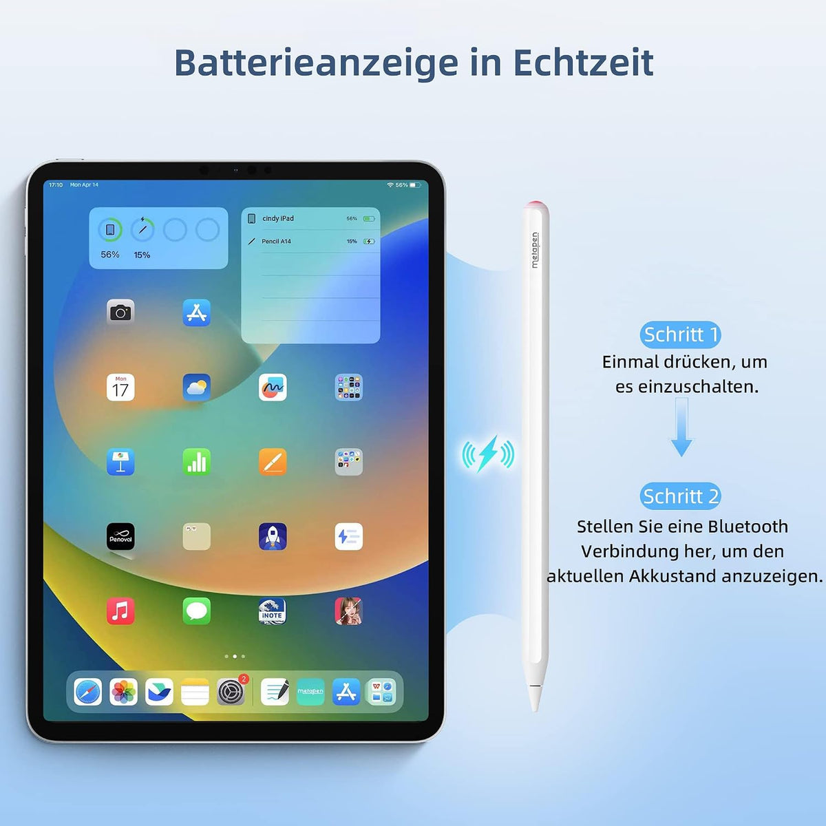 Metapen A14 iPad Stift, Magnetisches kabelloses Laden & Bluetooth-Shortcuts Handballenerkennung