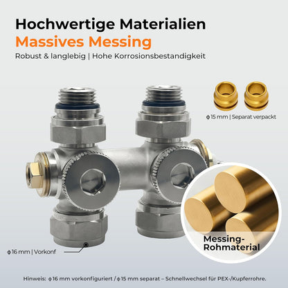 Multiblock Set für Heizkörper Anschlussarmatur mit Thermostat Thermostatventil Hahnblock mit Frostschutz