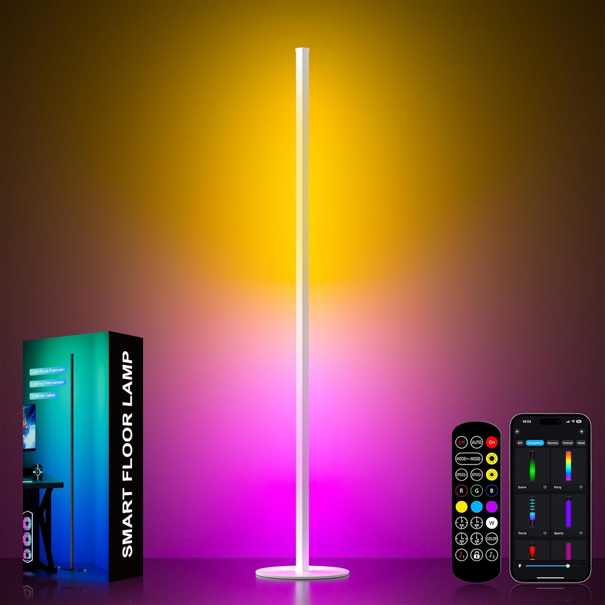 Meewata RGB Eckstehlampe 140 cm, dimmbar, Fernbedienung & App, Weiß