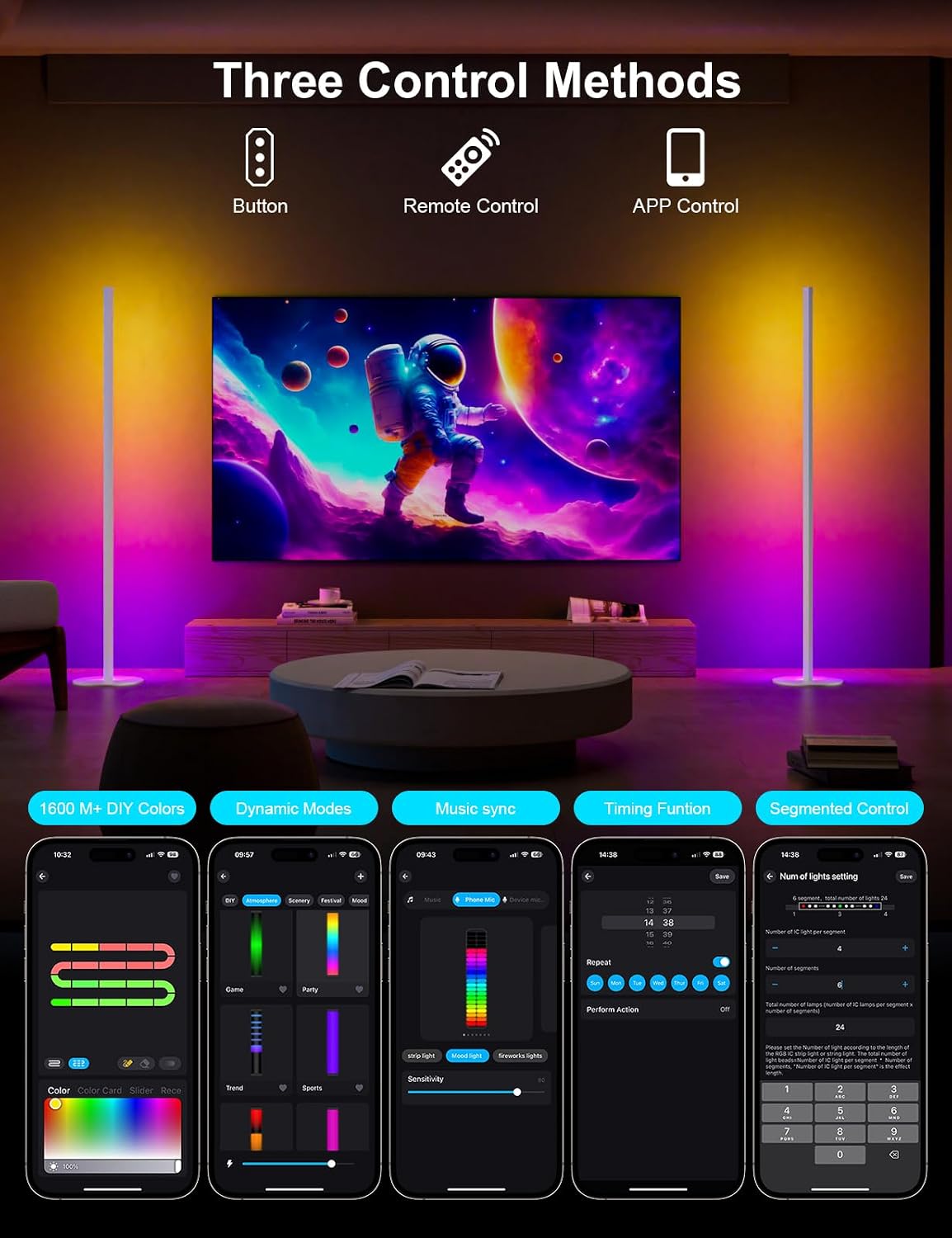 Meewata RGB Eckstehlampe 140 cm, dimmbar, Fernbedienung & App, Weiß