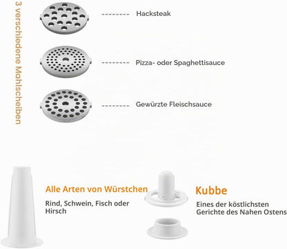MEYKEY Elektrischer Fleischwolf 2000W mit Wurstfüller,Multi Küchenmaschin Wurstmacher,
