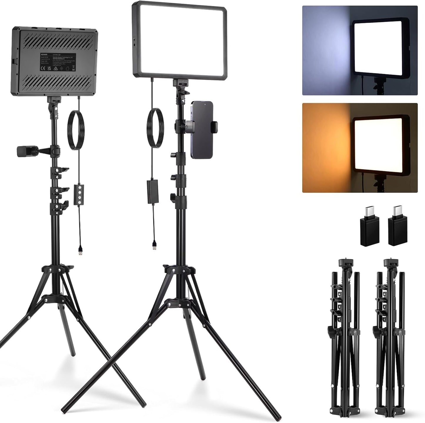 NEEWER Basics 2 Pack LED Video Light Panel mit 59''/150cm Stativständer & Telefonhalter, 2700 6500K 850Lux