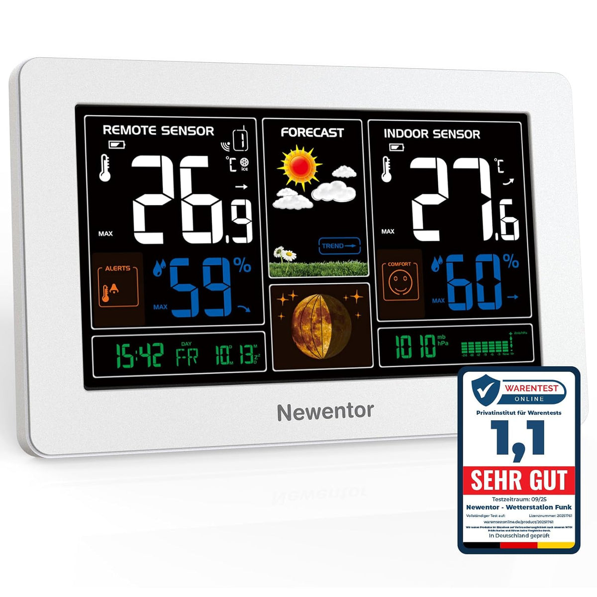 Newentor Wetterstation Funk mit Außensensor Einfach einzurichten, Thermometer und Hygrometer,Weiß
