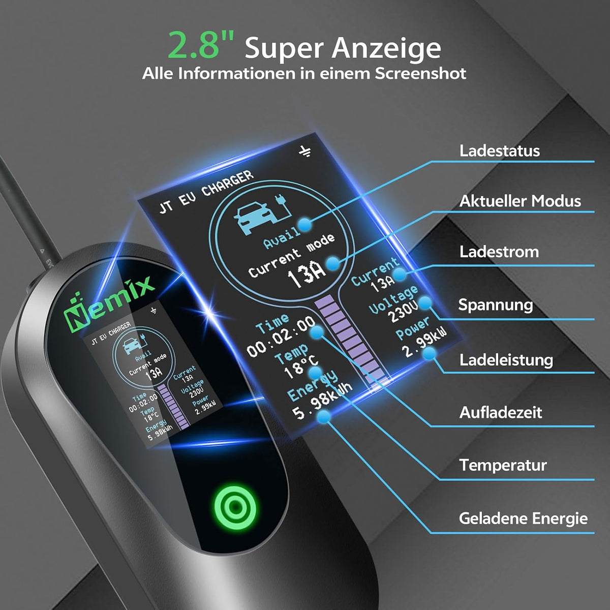 Nemix Typ 2 Ladekabel 3,68KW (5m, 1-phasig 8-16A) mit 2,8-Zoll Display Schwarz