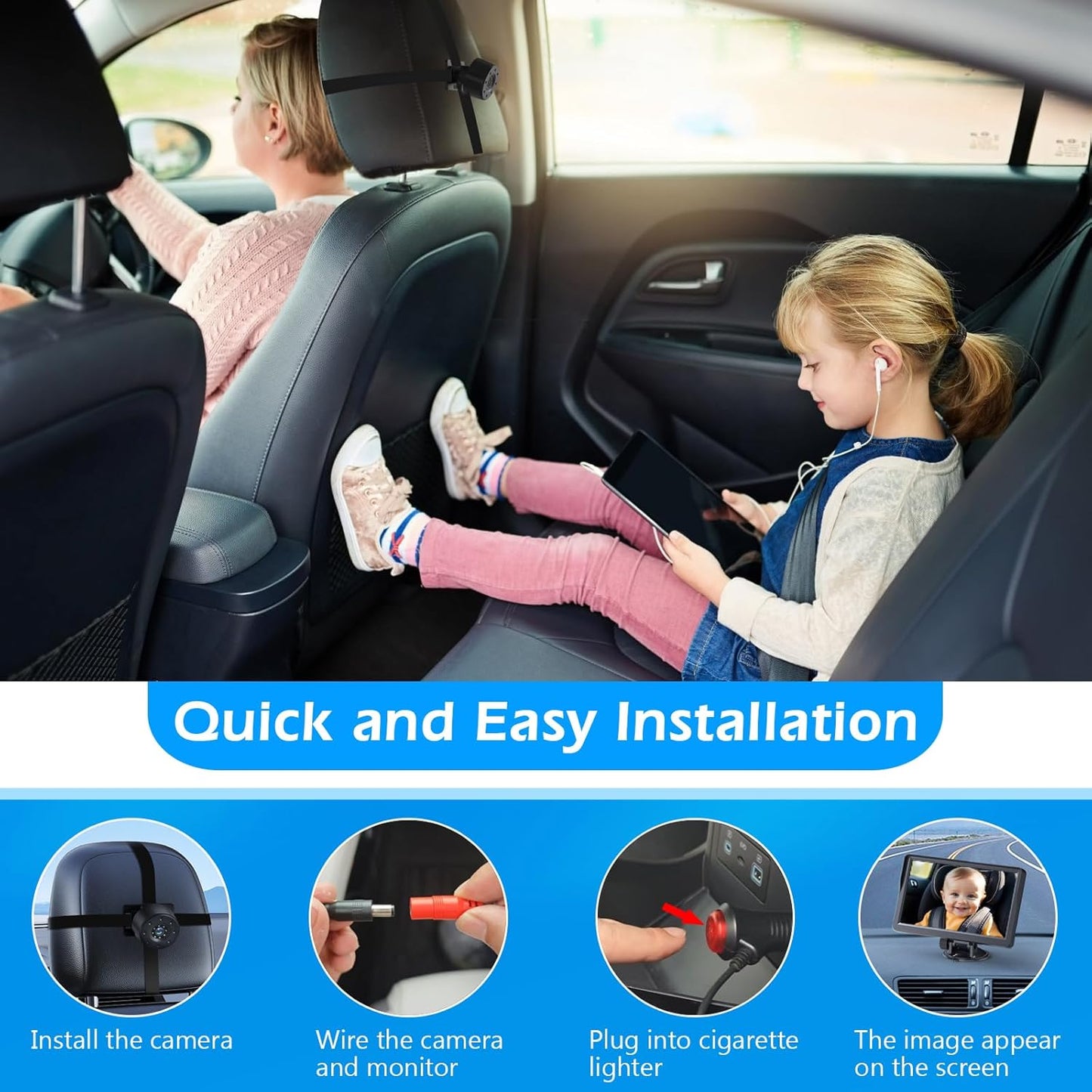 Baby-Autokamera, 4,3" HD IR-Nachtsicht-Baby-Autospiegel mit 178° Weitwinkel, IPS-Display,