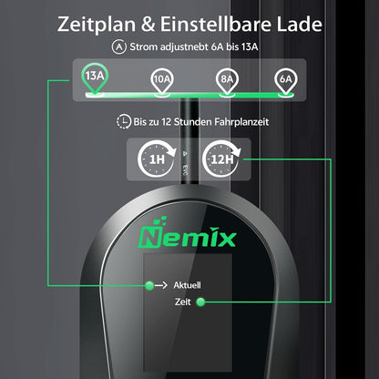 Nemix Typ 2 Ladekabel 3,68KW (5m, 1-phasig 8-16A) mit 2,8-Zoll Display Schwarz