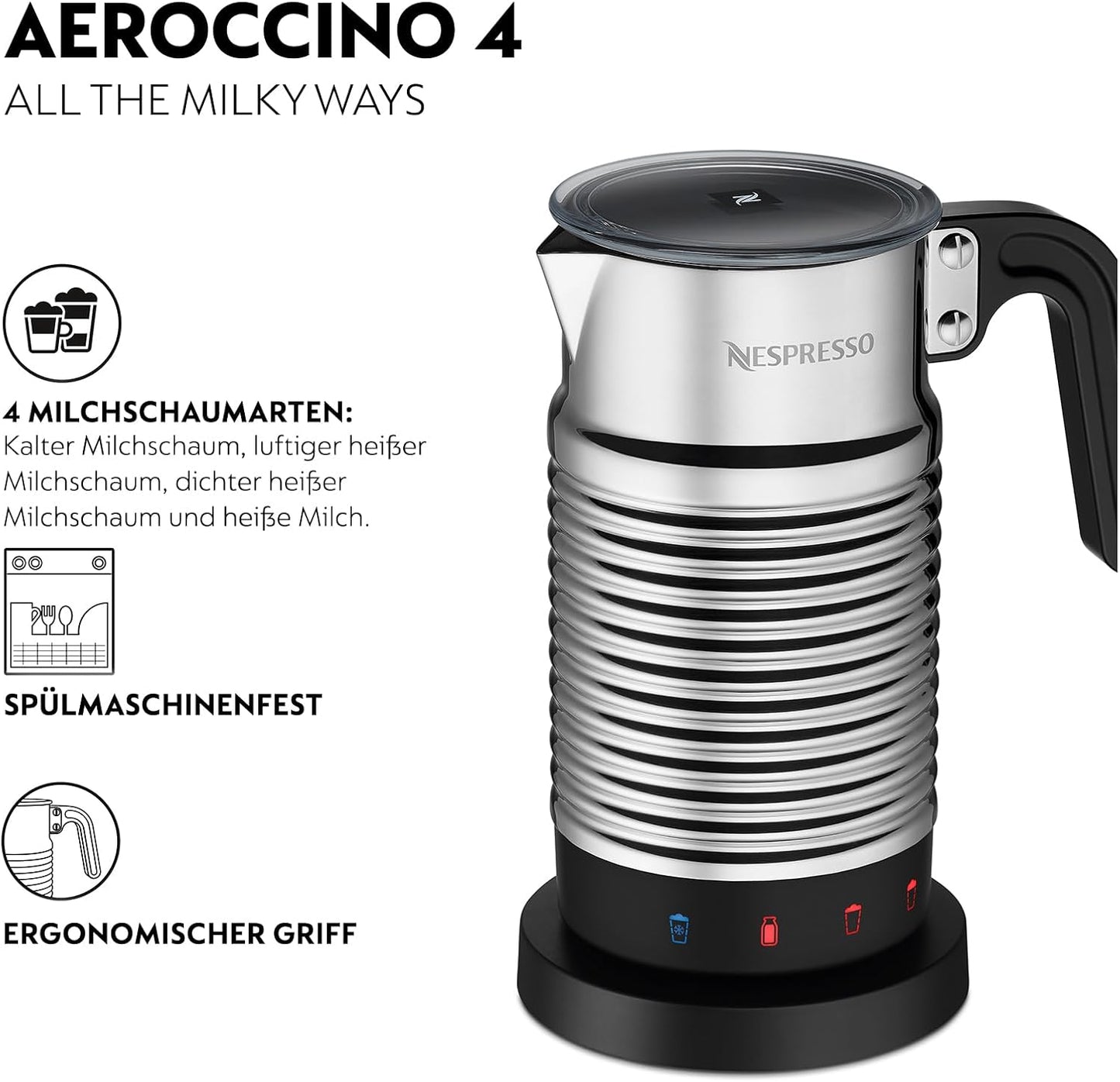 Nespresso Aeroccino4 Milchaufschäumer (Geschirrspüler geeignet, 120 ml Milchschaumkapazität, 240 ml heiße Milchkapazität, Silber)