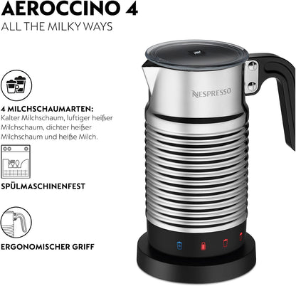 Nespresso Aeroccino4 Milchaufschäumer (Geschirrspüler geeignet, 120 ml Milchschaumkapazität, 240 ml heiße Milchkapazität, Silber)