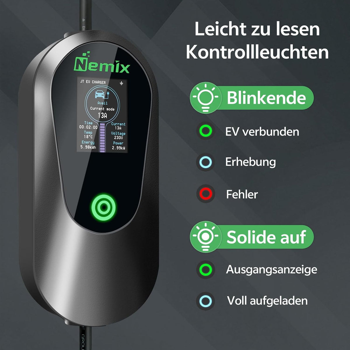 Nemix Typ 2 Ladekabel 3,68KW (5m, 1-phasig 8-16A) mit 2,8-Zoll Display Schwarz