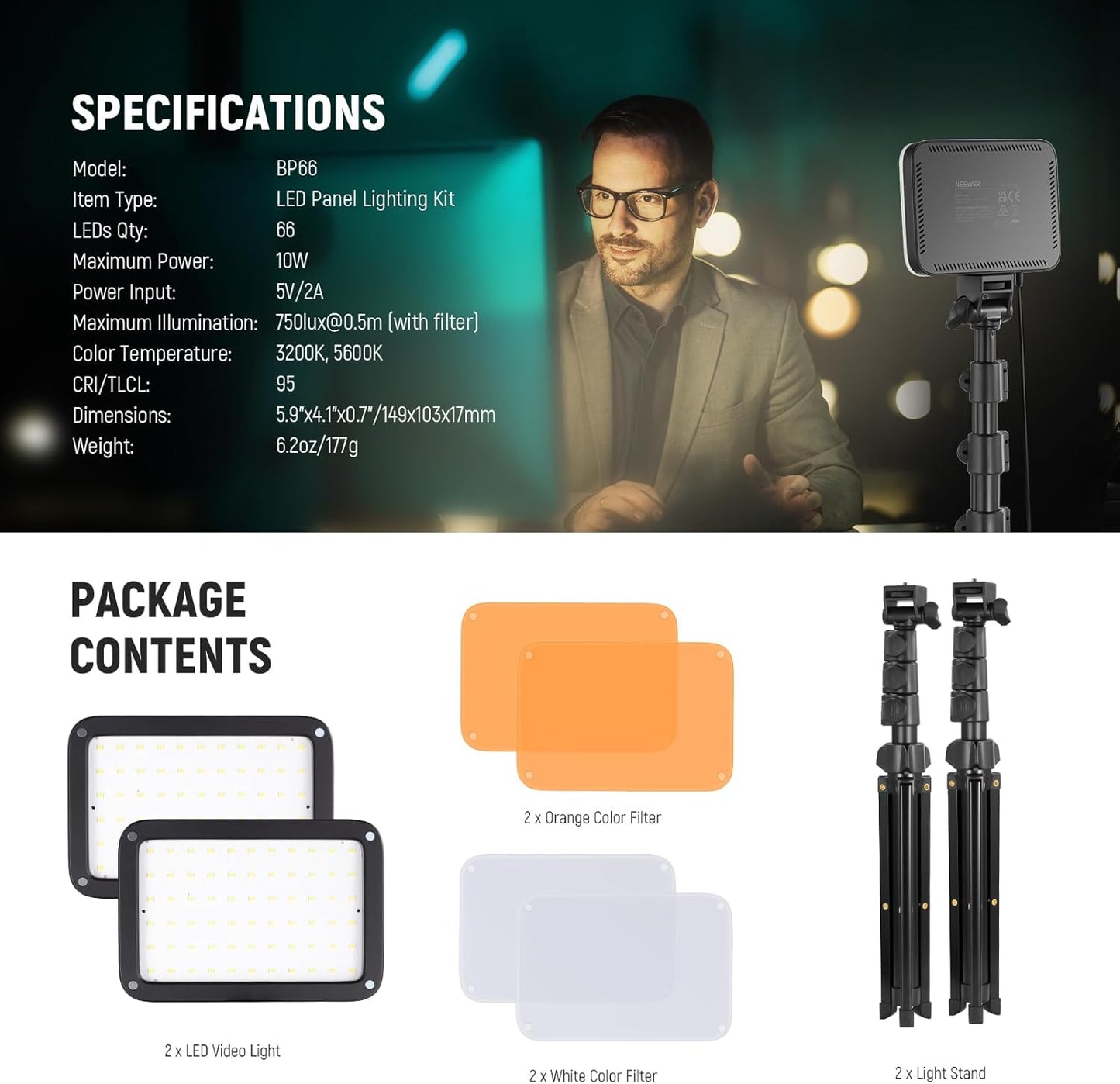 NEEWER LED Videolicht Panel Beleuchtungsset, 2er Pack dimmbare  Studioleuchten