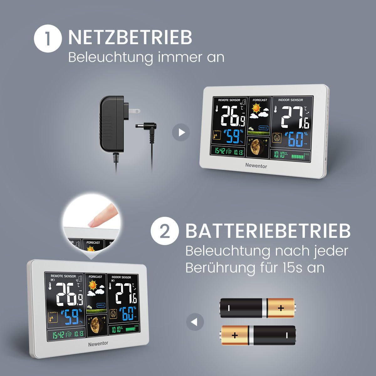 Newentor Wetterstation Funk mit Außensensor Einfach einzurichten, Thermometer und Hygrometer,Weiß