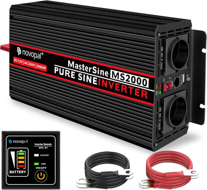 NOVOPAL 2000W Wechselrichter 12V Reiner Sinus Spannungswandler 5M Fernbedienung & 2.4A USB
