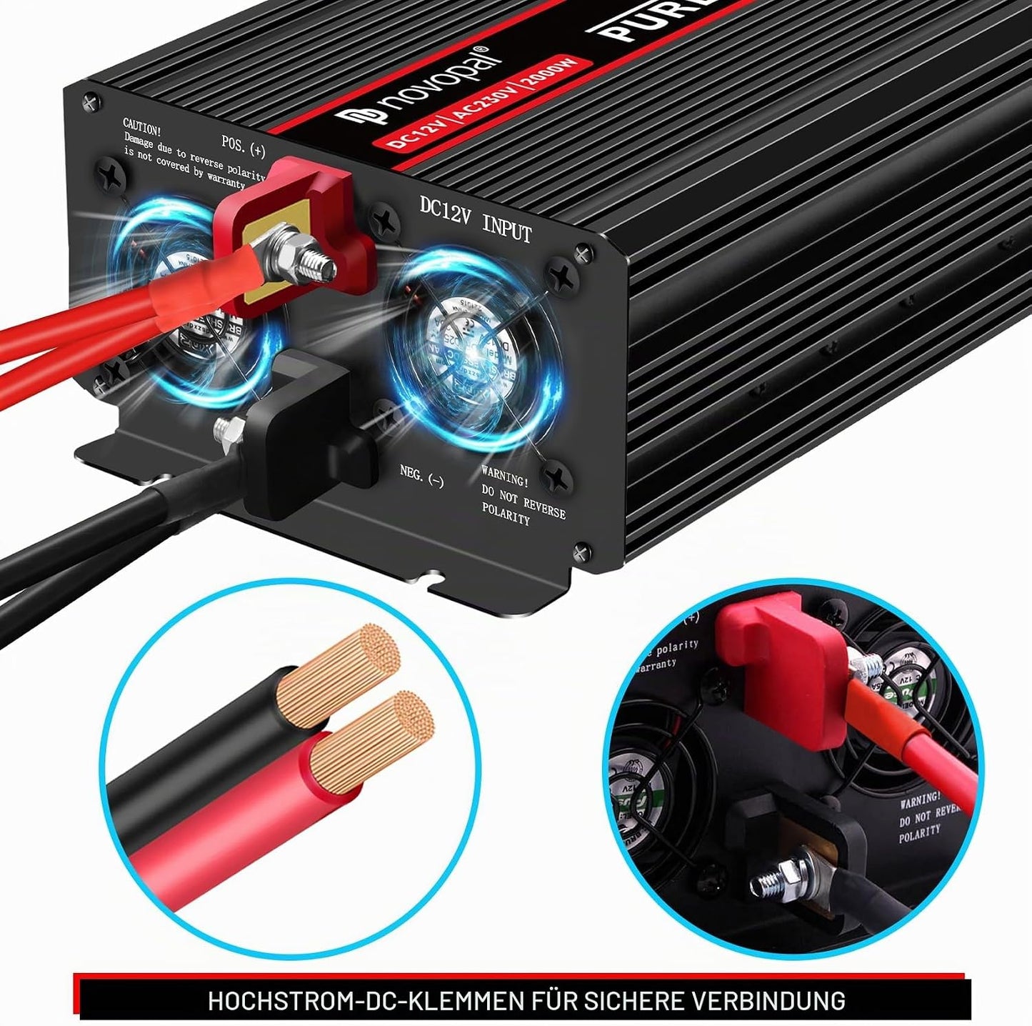 NOVOPAL 2000W Wechselrichter 12V Reiner Sinus Spannungswandler 5M Fernbedienung & 2.4A USB