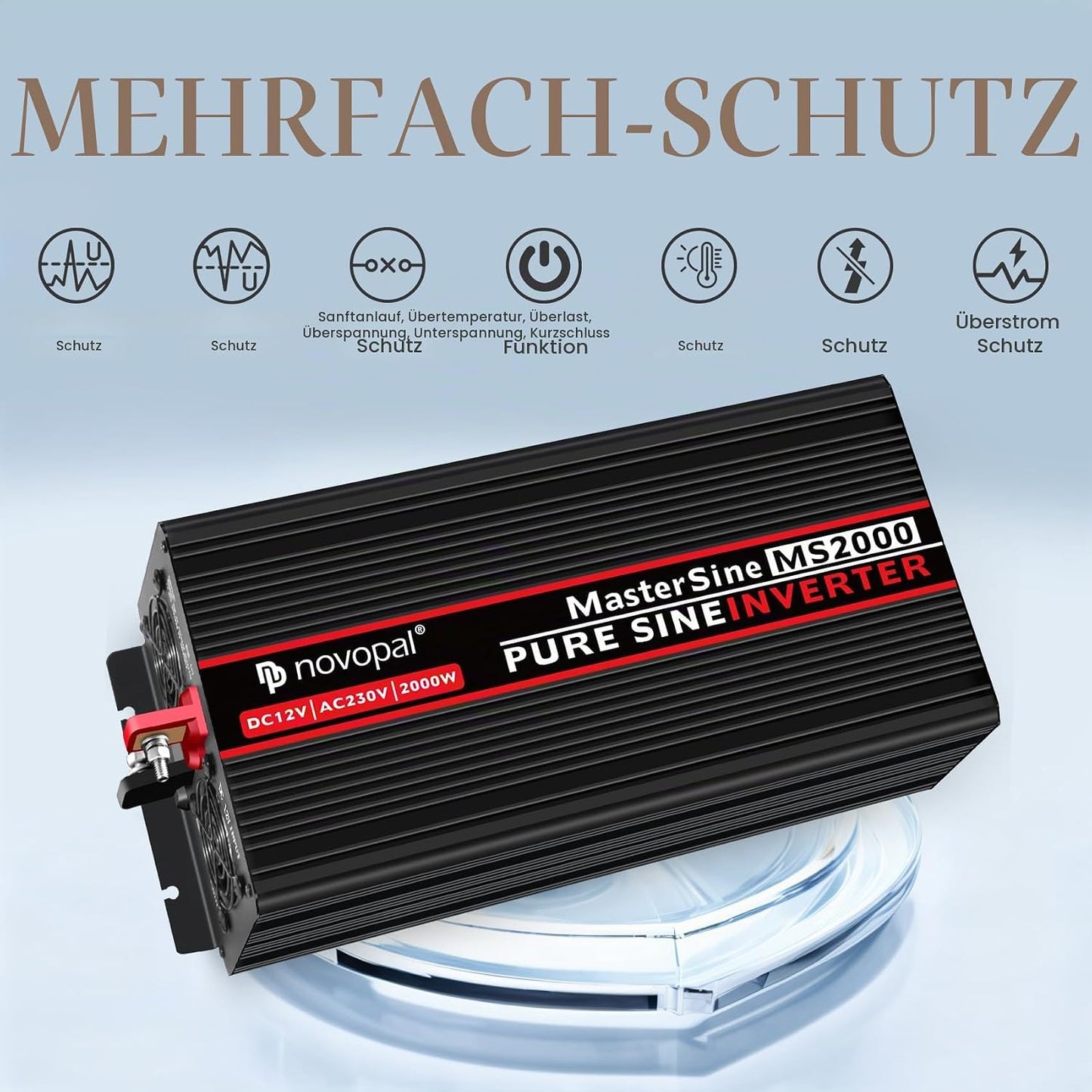 NOVOPAL 2000W Wechselrichter 12V Reiner Sinus Spannungswandler 5M Fernbedienung & 2.4A USB