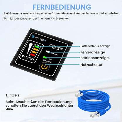 NOVOPAL 2000W Wechselrichter 12V Reiner Sinus Spannungswandler 5M Fernbedienung & 2.4A USB