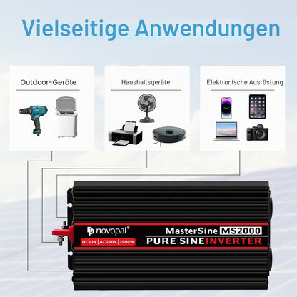 NOVOPAL 2000W Wechselrichter 12V Reiner Sinus Spannungswandler 5M Fernbedienung & 2.4A USB