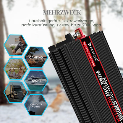 NOVOPAL 2000W Wechselrichter 12V Reiner Sinus Spannungswandler 5M Fernbedienung & 2.4A USB
