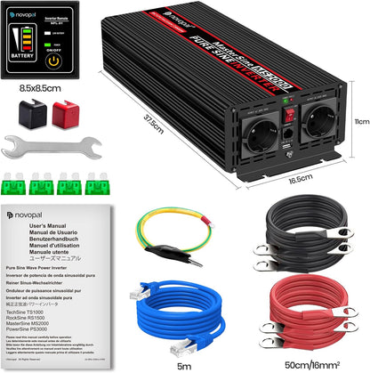 NOVOPAL 2000W Wechselrichter 12V Reiner Sinus Spannungswandler 5M Fernbedienung & 2.4A USB