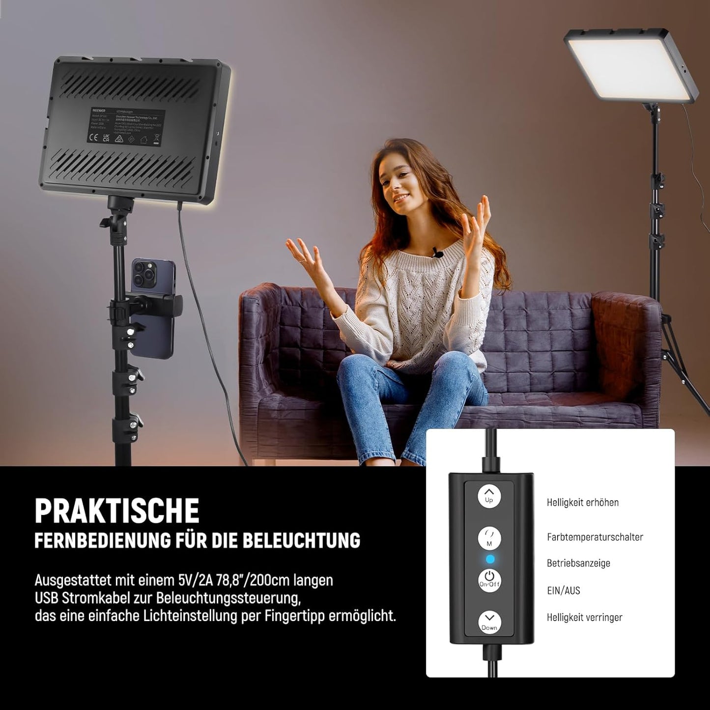 NEEWER Basics 2 Pack LED Video Light Panel mit 59''/150cm Stativständer & Telefonhalter, 2700 6500K 850Lux