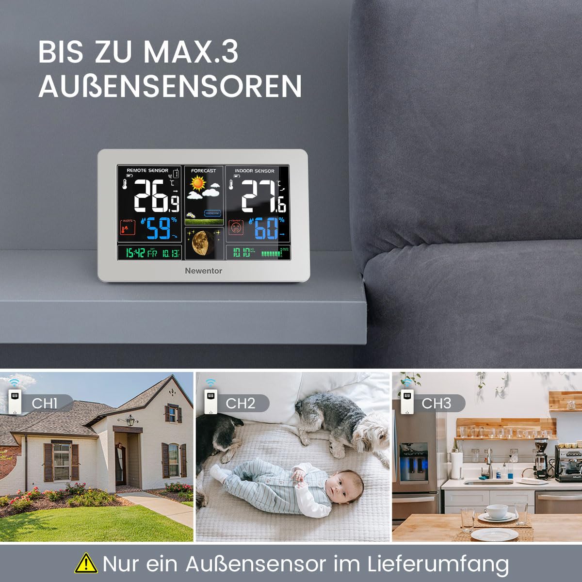 Newentor Wetterstation Funk mit Außensensor Einfach einzurichten, Thermometer und Hygrometer,Weiß