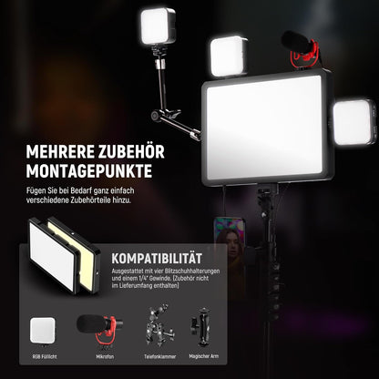 NEEWER Basics 2 Pack LED Video Light Panel mit 59''/150cm Stativständer & Telefonhalter, 2700 6500K 850Lux