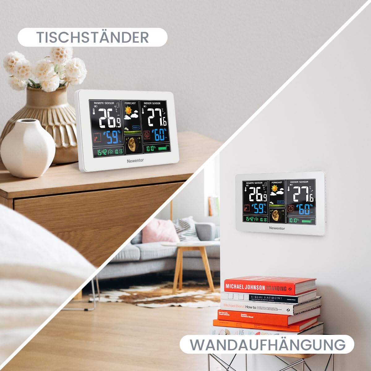 Newentor Wetterstation Funk mit Außensensor Einfach einzurichten, Thermometer und Hygrometer,Weiß