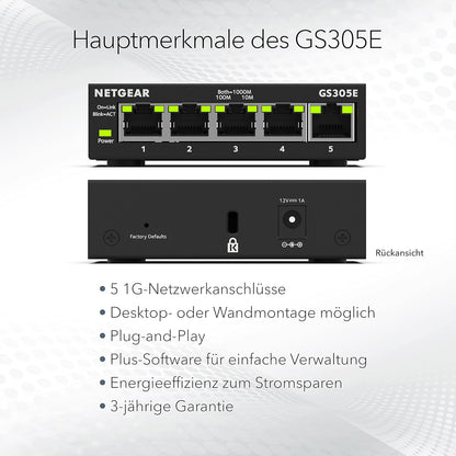 Netgear GS305E Managed Switch 5 Port Gigabit Ethernet LAN Switch Plus