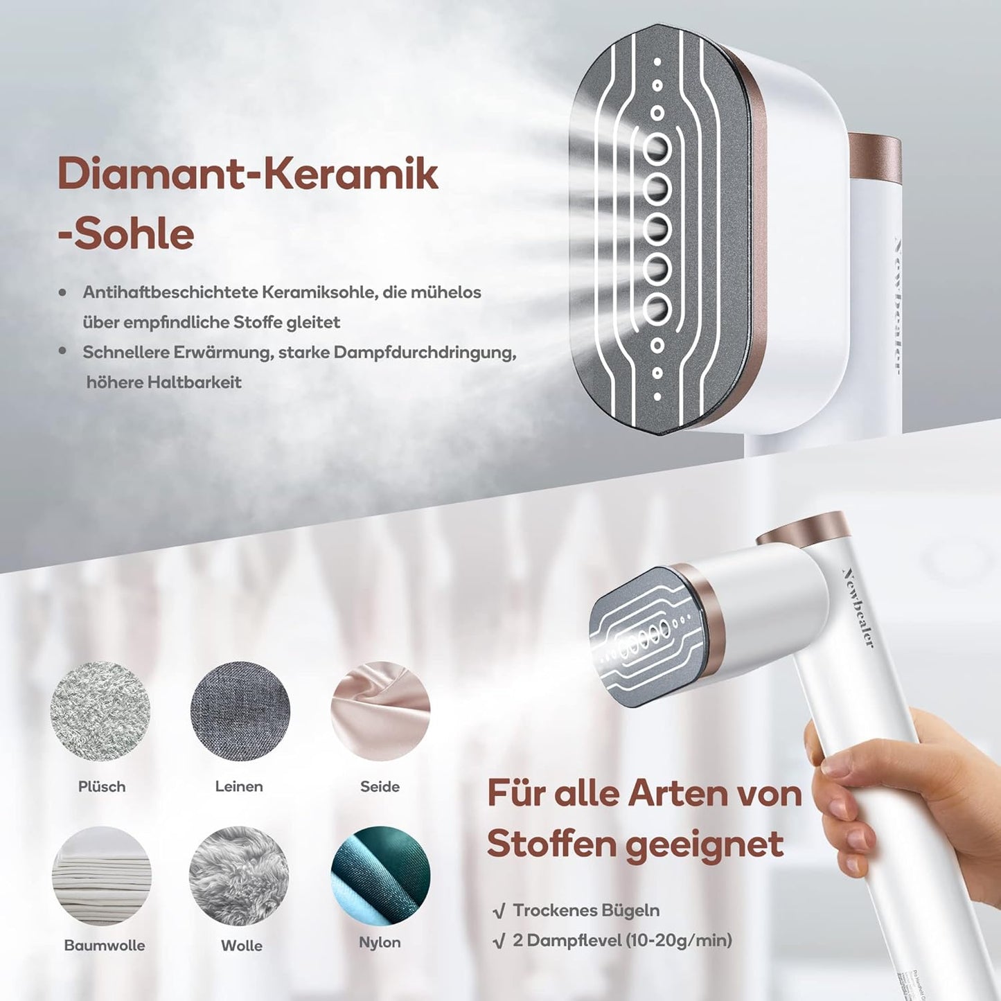 Newbealer Steamer Dampfglätter, 1200W, 120ml, Tragbarer Dampfbügel mit Hand Dampfbürste