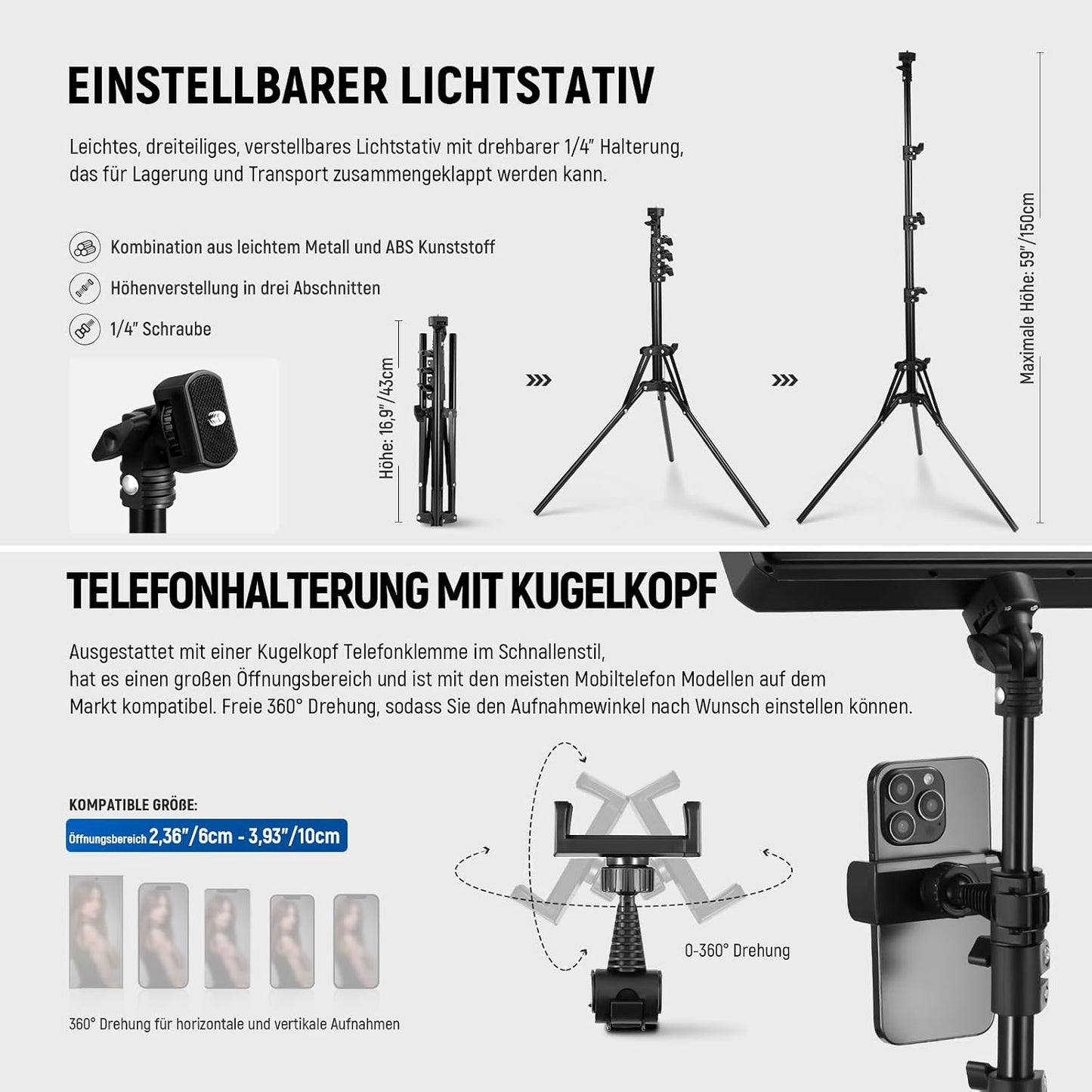 NEEWER Basics 2 Pack LED Video Light Panel mit 59''/150cm Stativständer & Telefonhalter, 2700 6500K 850Lux