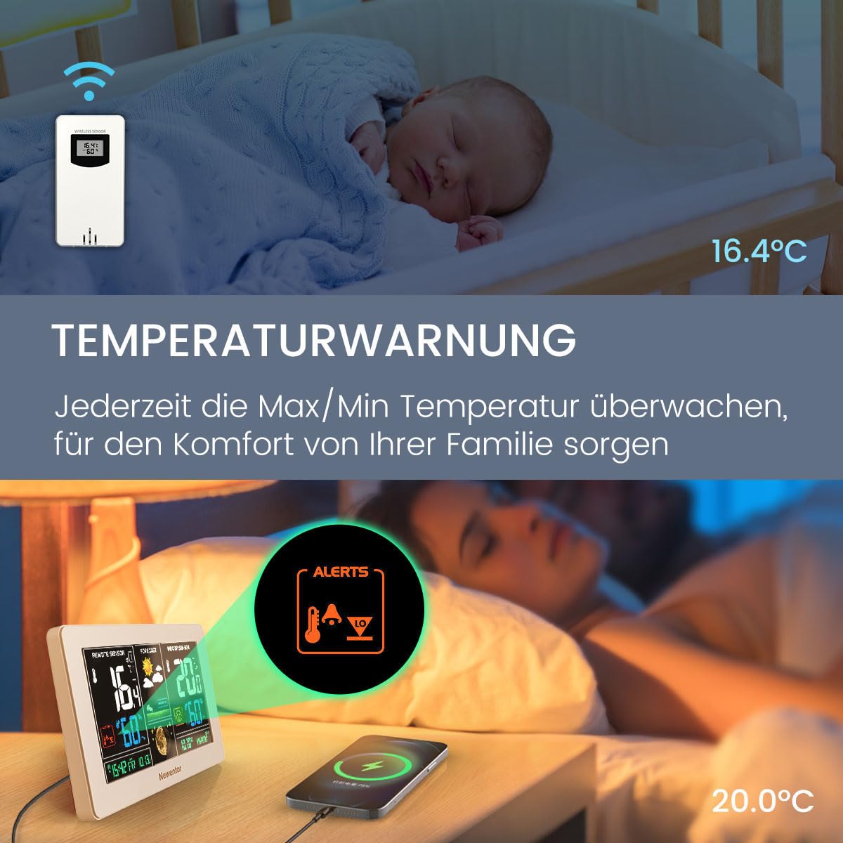 Newentor Wetterstation Funk mit Außensensor Einfach einzurichten, Thermometer und Hygrometer,Weiß