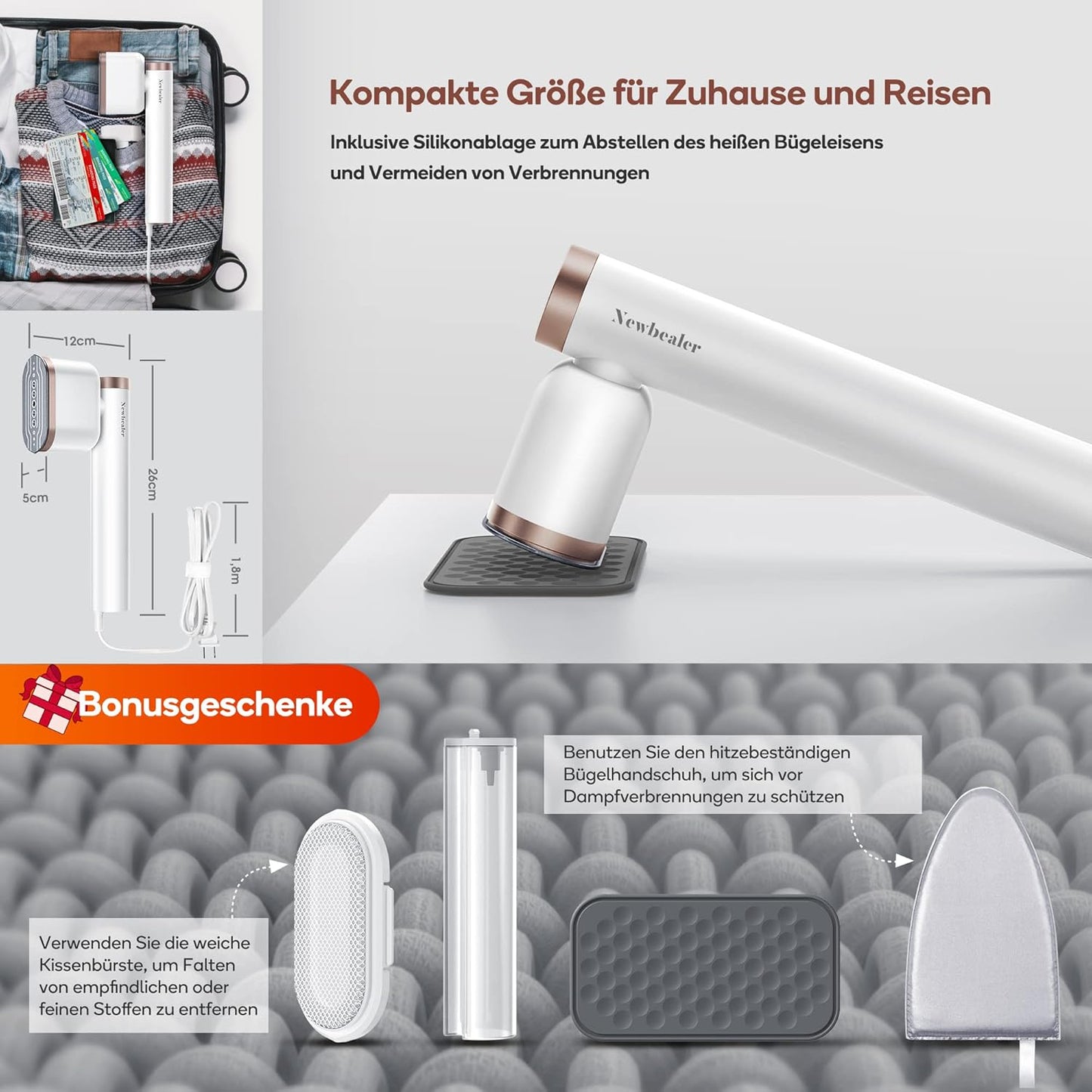 Newbealer Steamer Dampfglätter, 1200W, 120ml, Tragbarer Dampfbügel mit Hand Dampfbürste