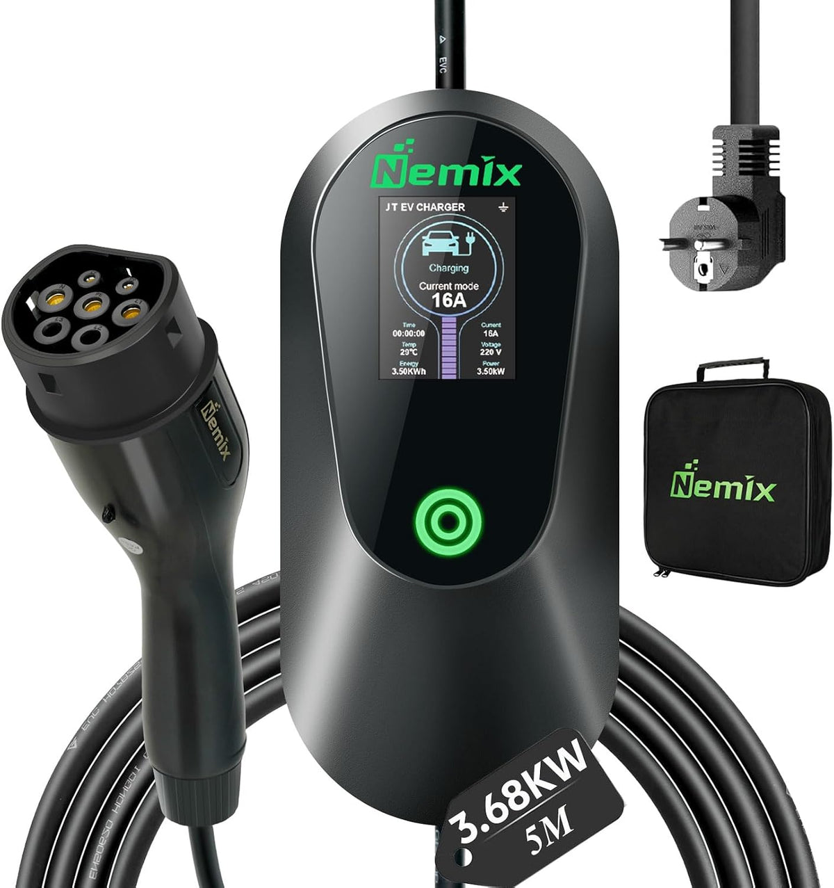 Nemix Typ 2 Ladekabel 3,68KW (5m, 1-phasig 8-16A) mit 2,8-Zoll Display Schwarz