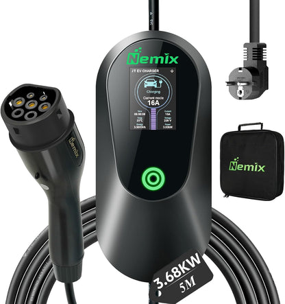 Nemix Typ 2 Ladekabel 3,68KW (5m, 1-phasig 8-16A) mit 2,8-Zoll Display Schwarz