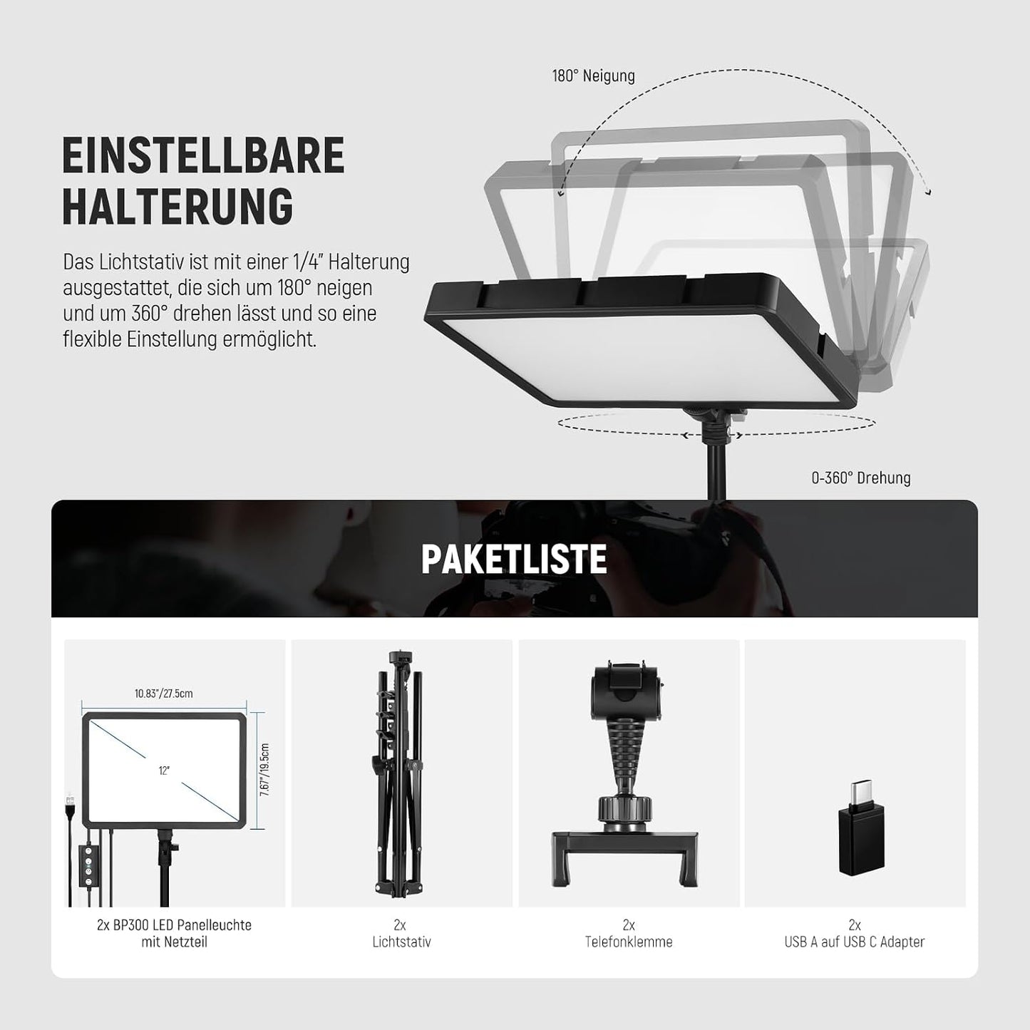 NEEWER Basics 2 Pack LED Video Light Panel mit 59''/150cm Stativständer & Telefonhalter, 2700 6500K 850Lux