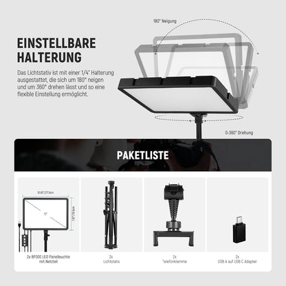 NEEWER Basics 2 Pack LED Video Light Panel mit 59''/150cm Stativständer & Telefonhalter, 2700 6500K 850Lux