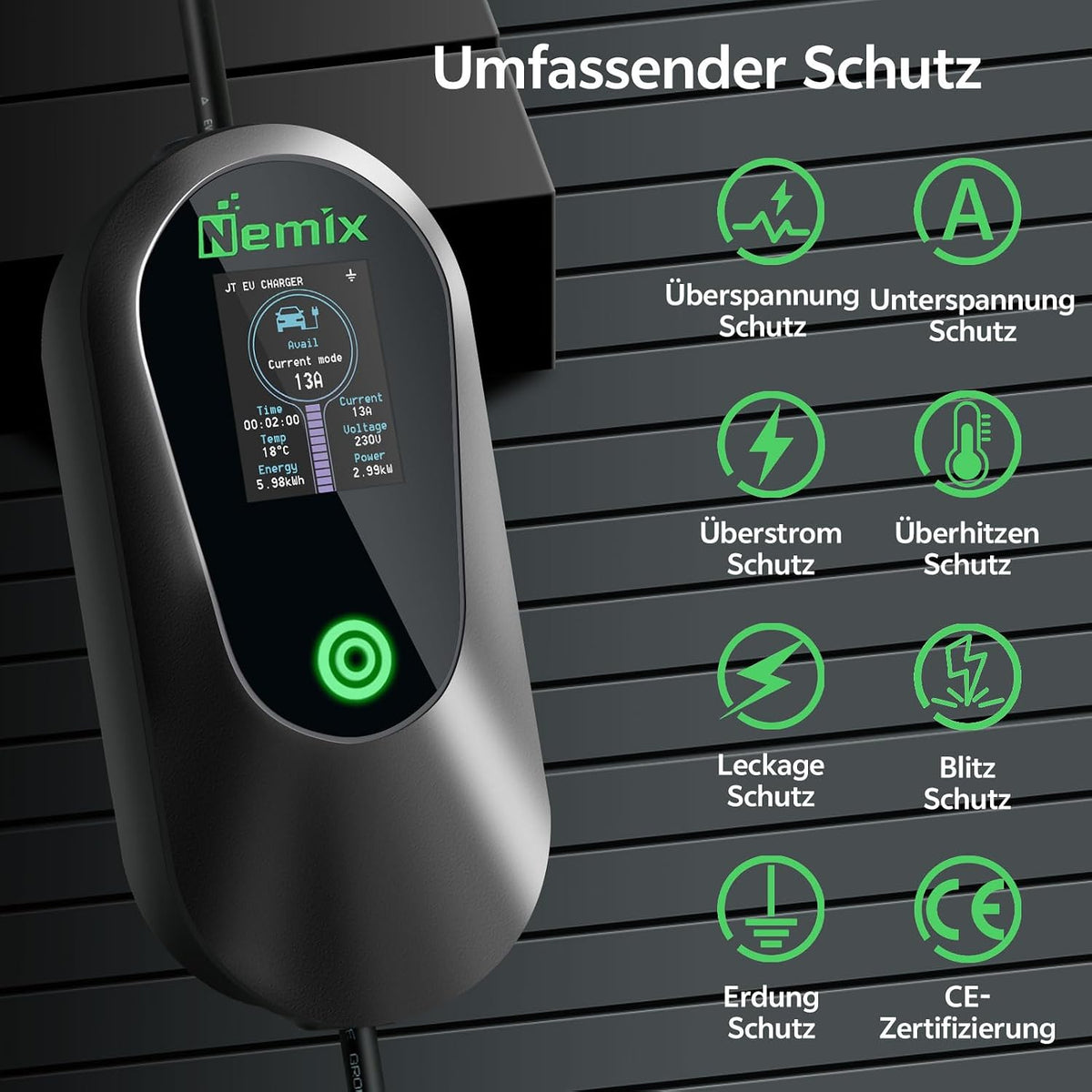 Nemix Typ 2 Ladekabel 3,68KW (5m, 1-phasig 8-16A) mit 2,8-Zoll Display Schwarz