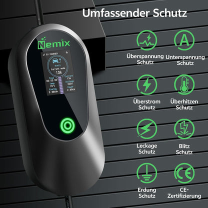 Nemix Typ 2 Ladekabel 3,68KW (5m, 1-phasig 8-16A) mit 2,8-Zoll Display Schwarz