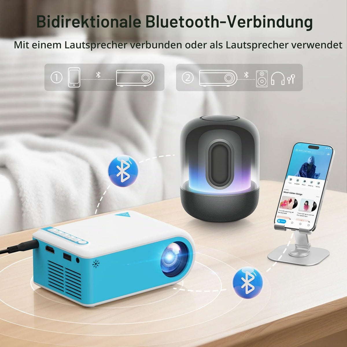 Mini Beamer Unterstützt 1080P, 4K Projektor Tragbarer Bluetooth5.4