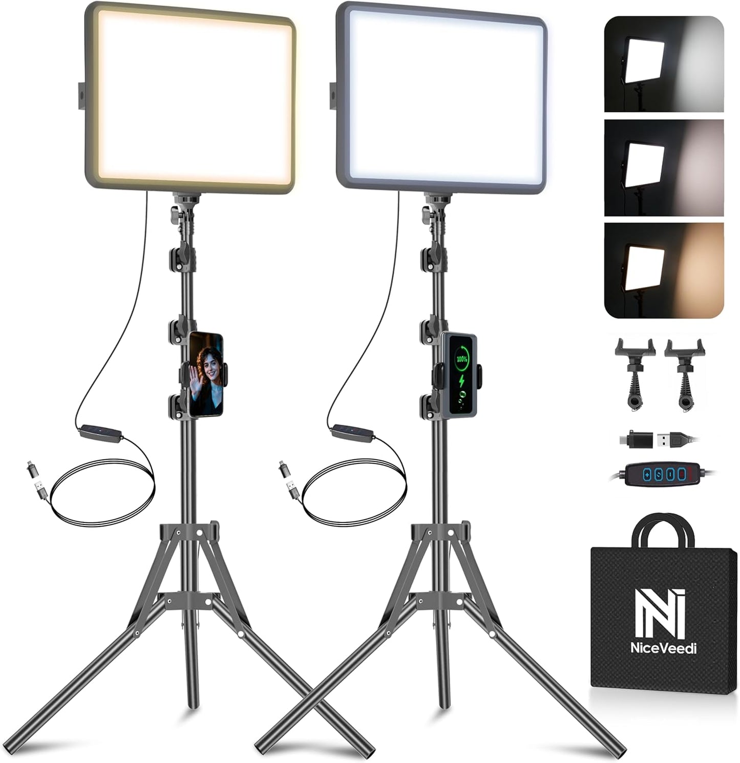 NiceVeedi 2 Stück LED VideoLicht Set, 2800–6500K, Dimmbar,  Fotografie-Beleuchtung